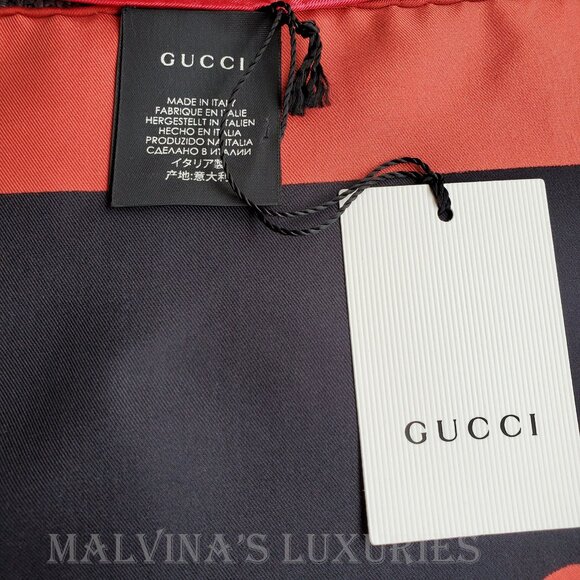 GUCCI SCARF LOGO DIAMOND PRINT BLACK SILK RED BORDER SQUARE 35" - Picture 8 of 10